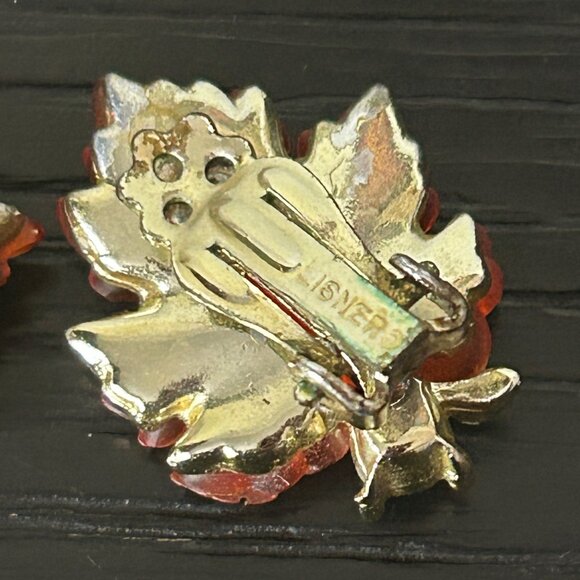 VTG LISNER Leaf Clip-On Earrings Gold Tone & Orange Molded Glass Fall Accessory - Picture 5 of 10